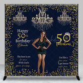 Lofaris Custom 50 and Fabulous Birthday Photo Backdrop Elegant Navy Gold with Chandeliers Personalized Party Decor